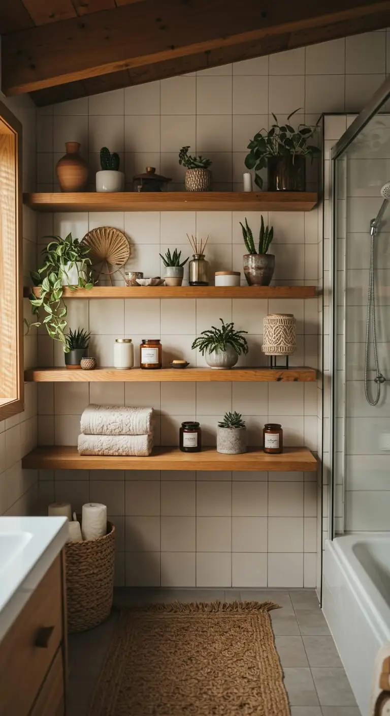 11 Boho Bathroom Ideas for a Relaxing and Stylish Look 8 6. Style Open Shelves