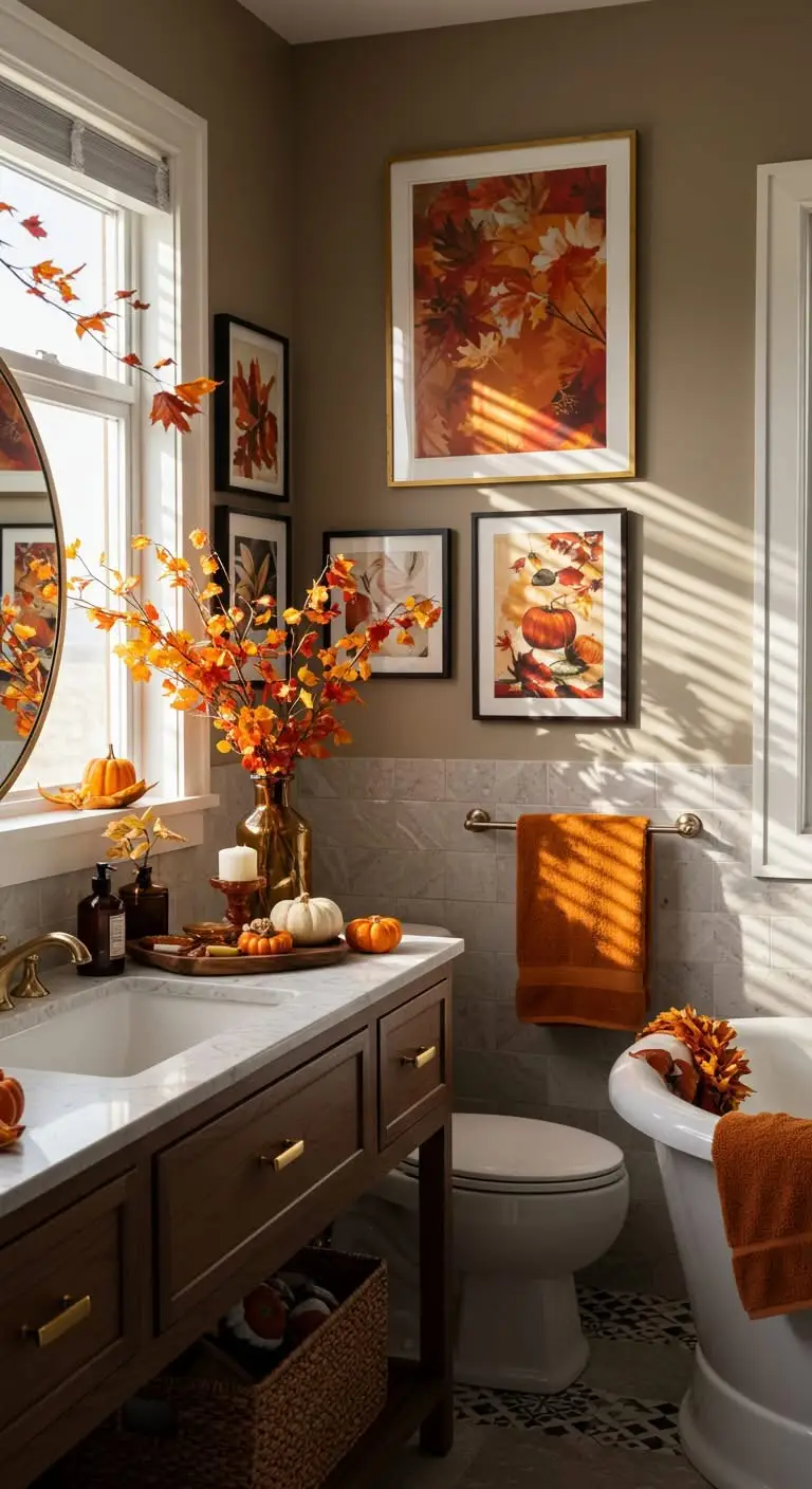 15 Cozy Fall Bathroom Decorating Ideas to Try 8 6. Swap Artwork and Frames for Autumnal Pieces