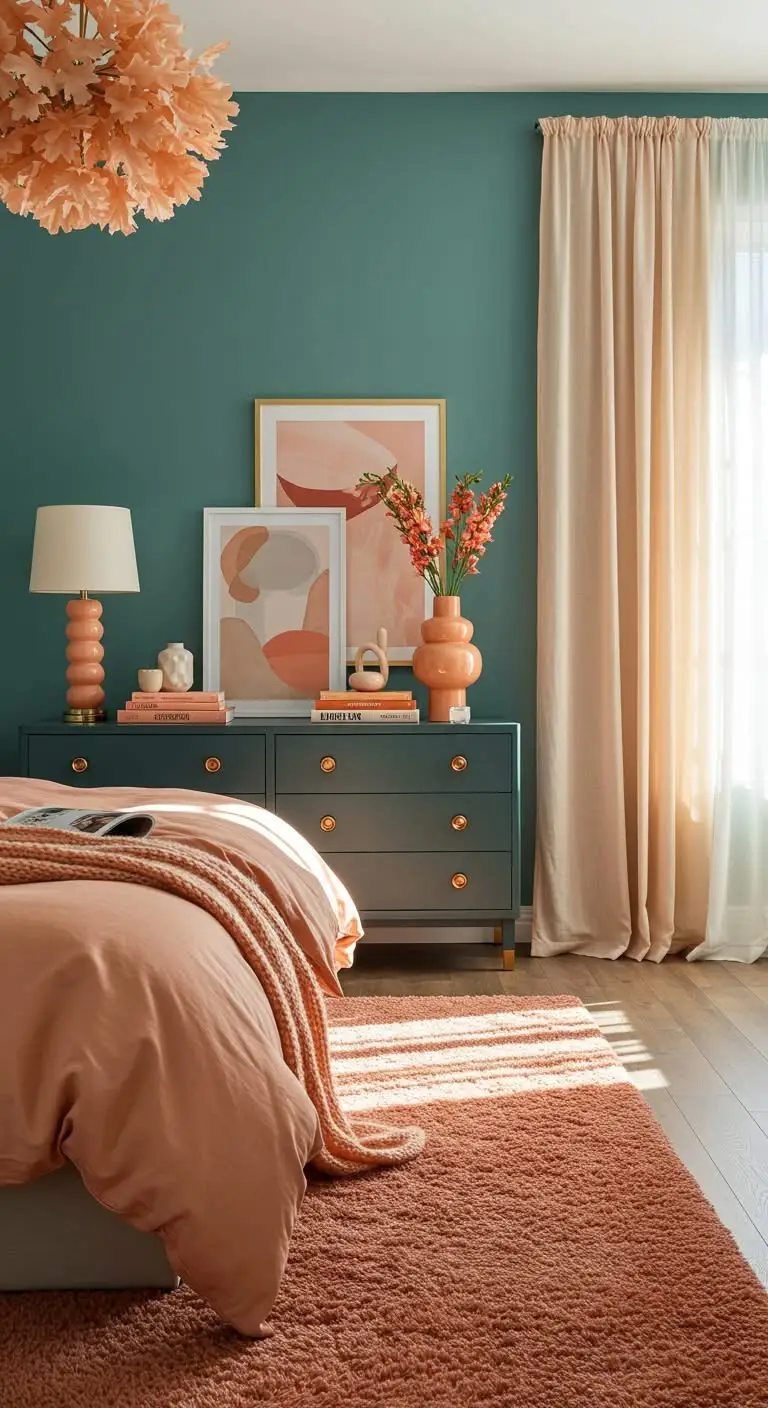 15 Beautiful Bedroom Color Combinations to Try 8 6. Teal and Peach