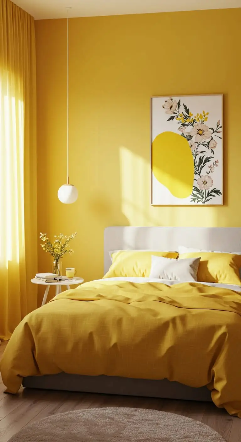 13 Bright and Cheerful Yellow Bedroom Ideas 8 6. Wall Art with a Bright Yellow Twist