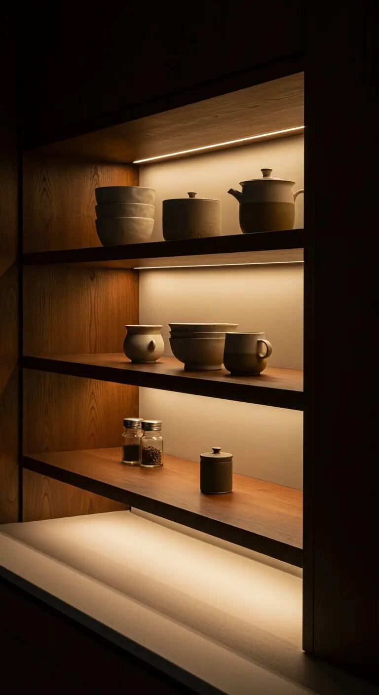 13 Kitchen Open Shelving Ideas for a Chic and Functional Look 9 7. Add Under Shelf Lighting