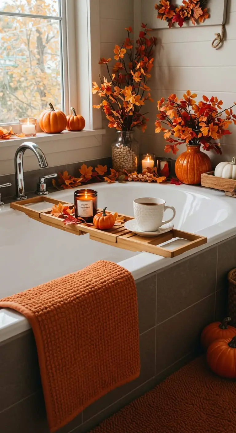 15 Cozy Fall Bathroom Decorating Ideas to Try 9 7. Add a Seasonal Bath Tray