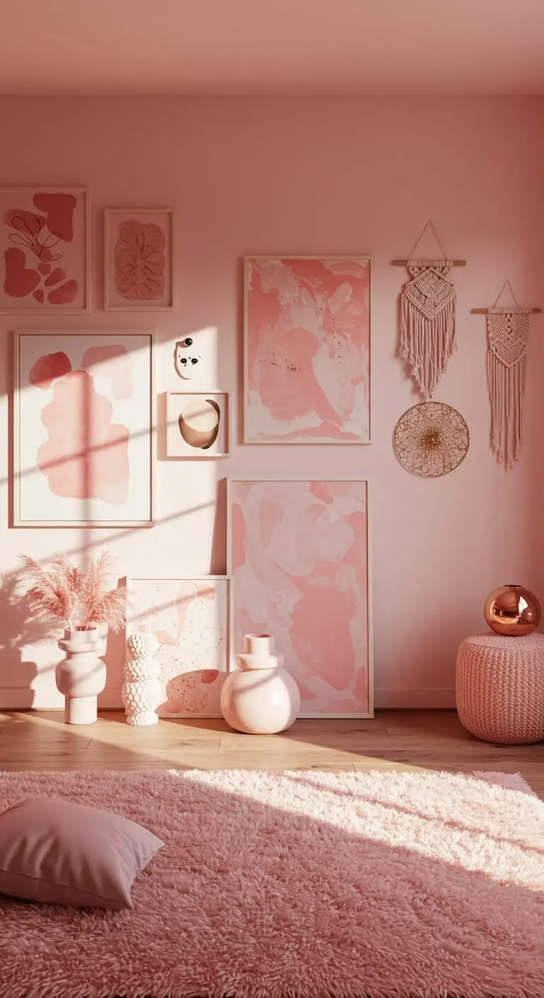 13 Chic Pink Living Room Decor Ideas 9 7. Art and Wall Decor