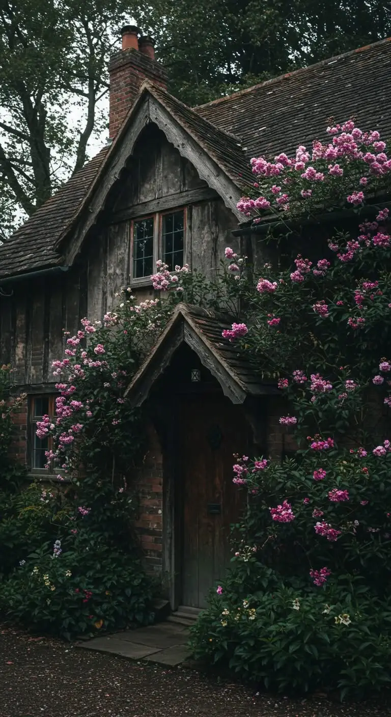 13 Moody Cottage Core Ideas for a Dark and Cozy Aesthetic 10 7. Contrast Hard Lines with Delicate Florals