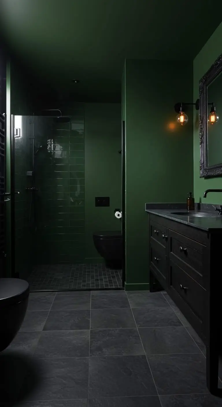 15 Bold Dark Bathroom Ideas for a Dramatic Effect 9 7. Experiment with Dark Greens