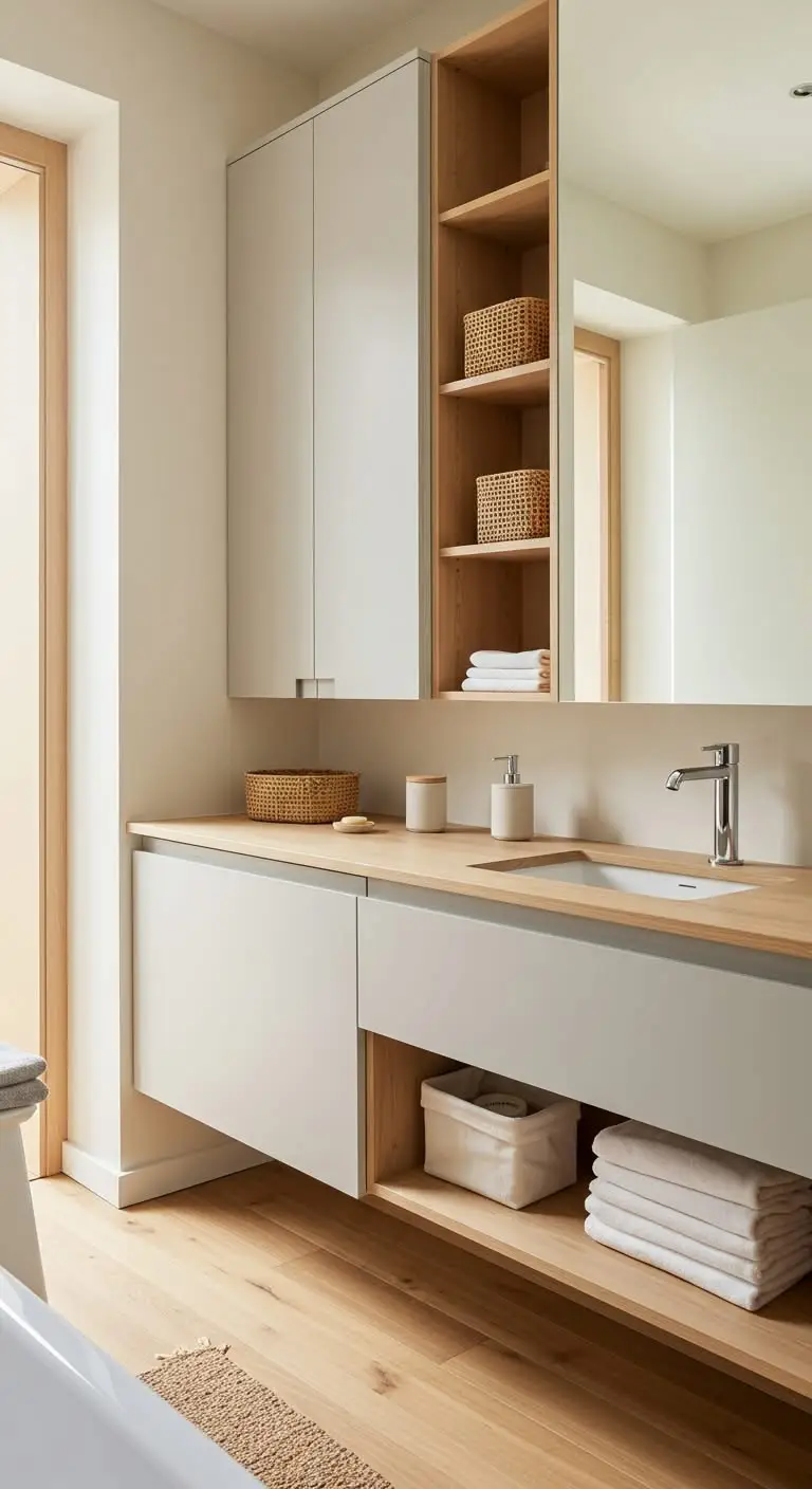 13 Minimalist Japandi Bathroom Vanity Ideas for a Zen Feel 9 7. Incorporate Open Shelving