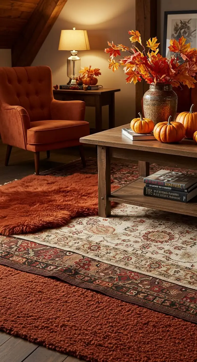 11 Ways to Create a Cozy Pumpkin Spice Ambiance 9 7. Layer Rugs