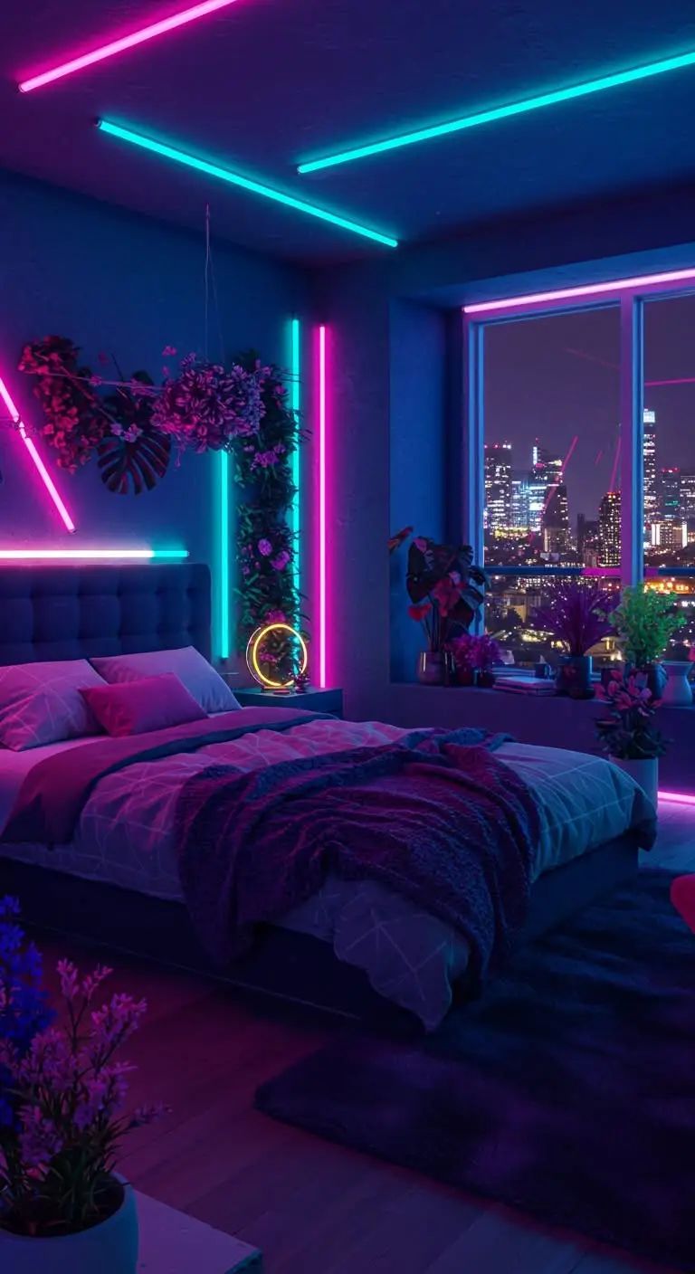 15 Trendy Neon Bedroom Ideas for a Bold Look 9 7. Neon & Nature Pairings
