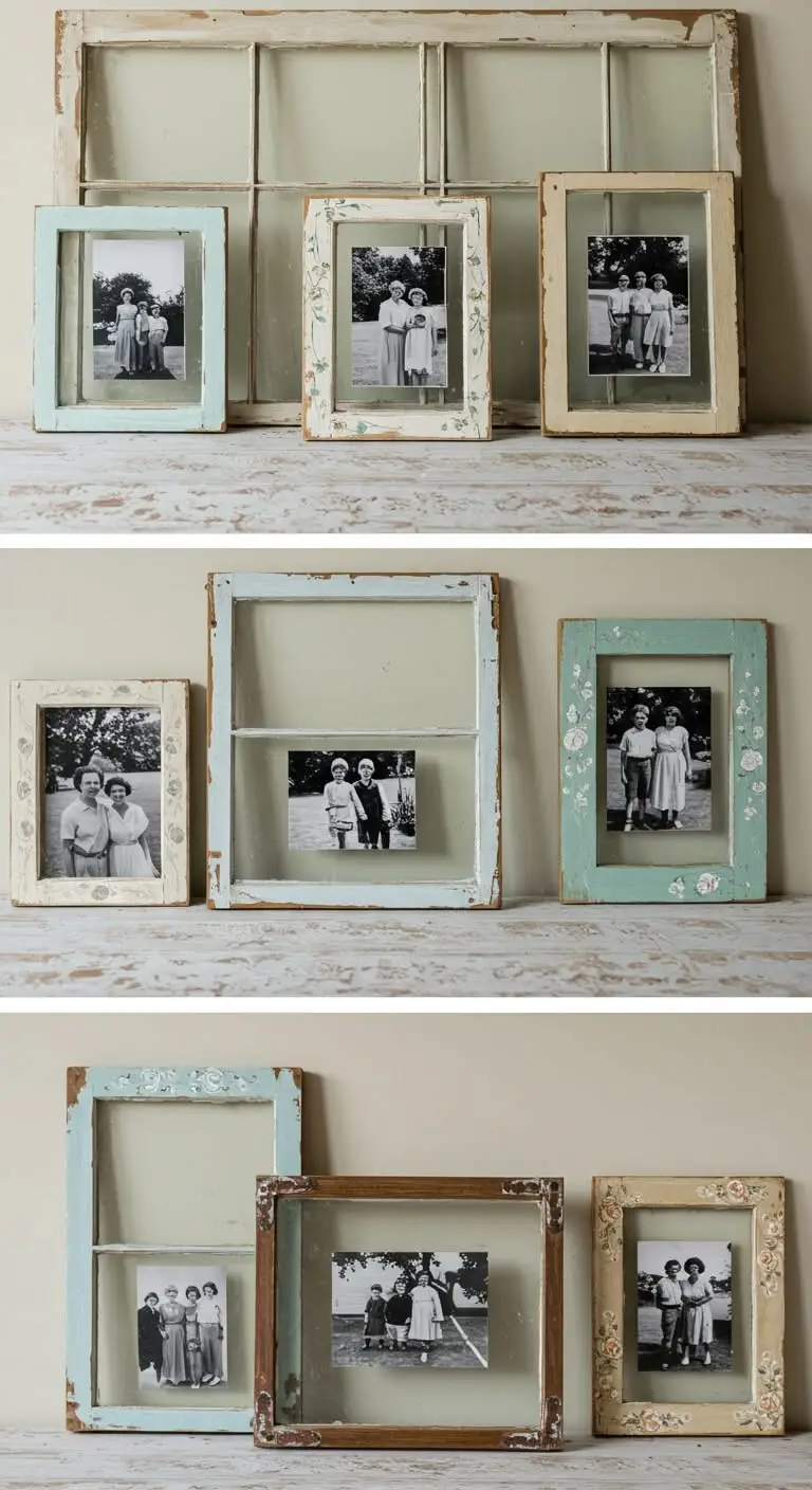 13 Nostalgic DIY Projects to Add Vintage Charm 9 7. Old Window Panes Photo Frames