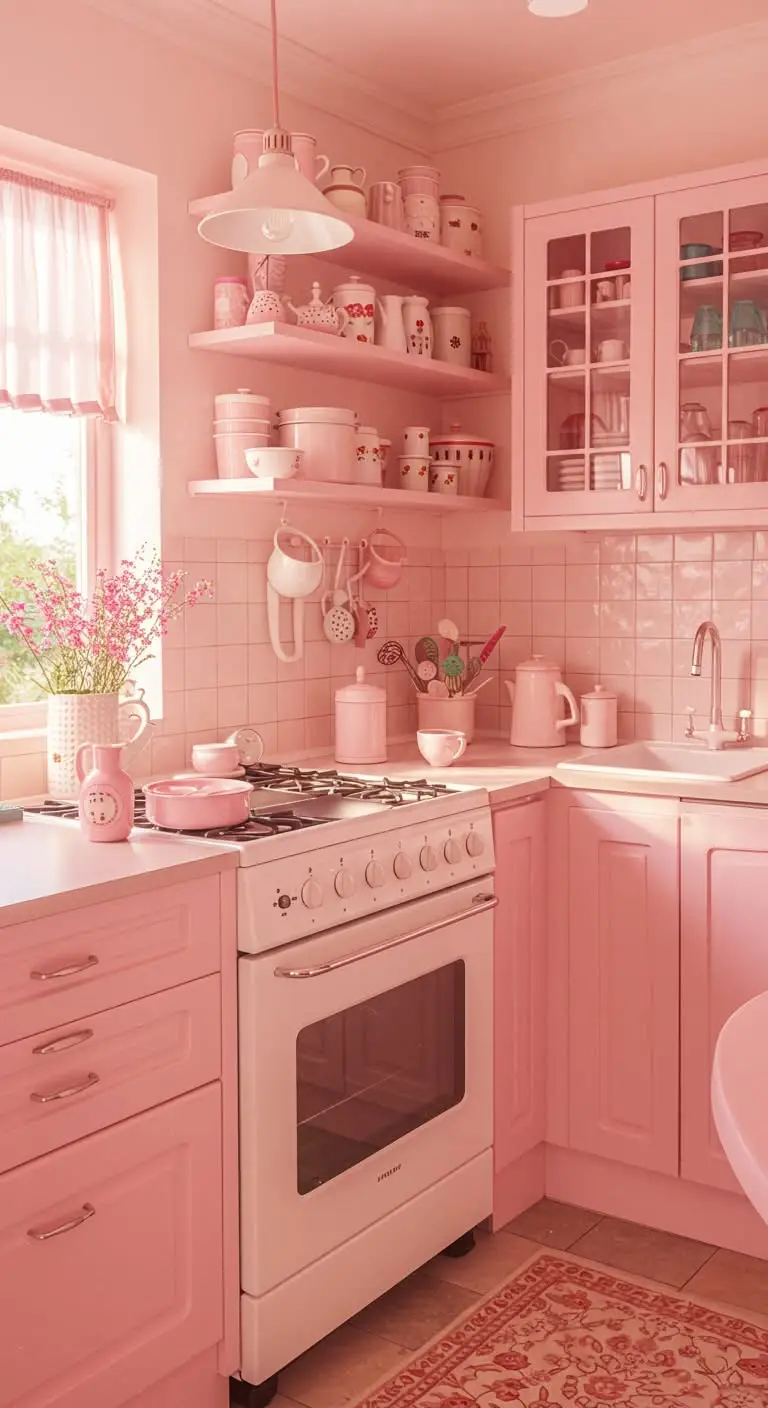 15 Retro Pink Kitchen Ideas for a Vintage Vibe 9 7. Open Shelving With Pink Accents