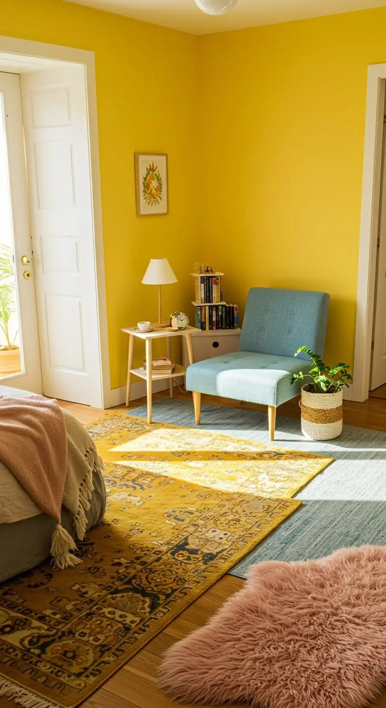 13 Bright and Cheerful Yellow Bedroom Ideas 9 7. Rugs That Anchor Your Space