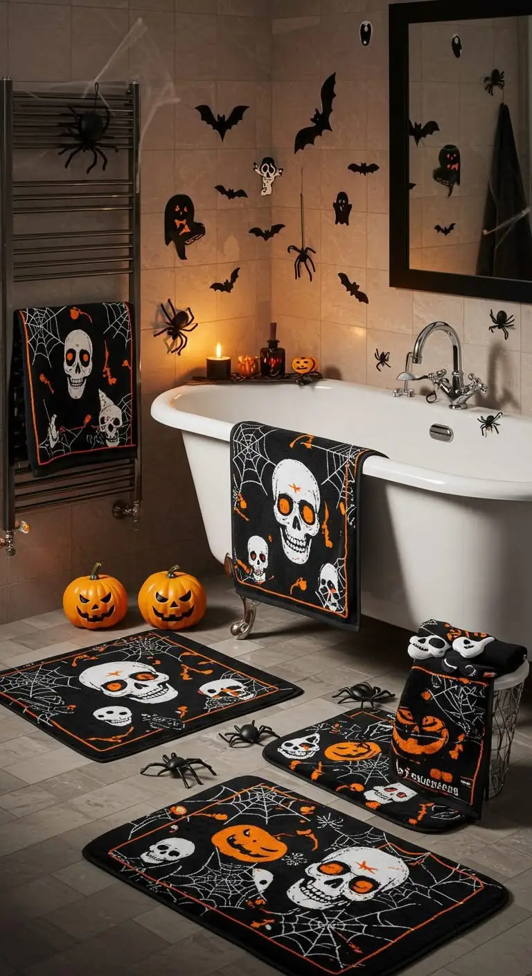 13 Spooky Halloween Bathroom Decor Ideas for a Festive Touch 10 7. Spooky Towels and Bath Mats