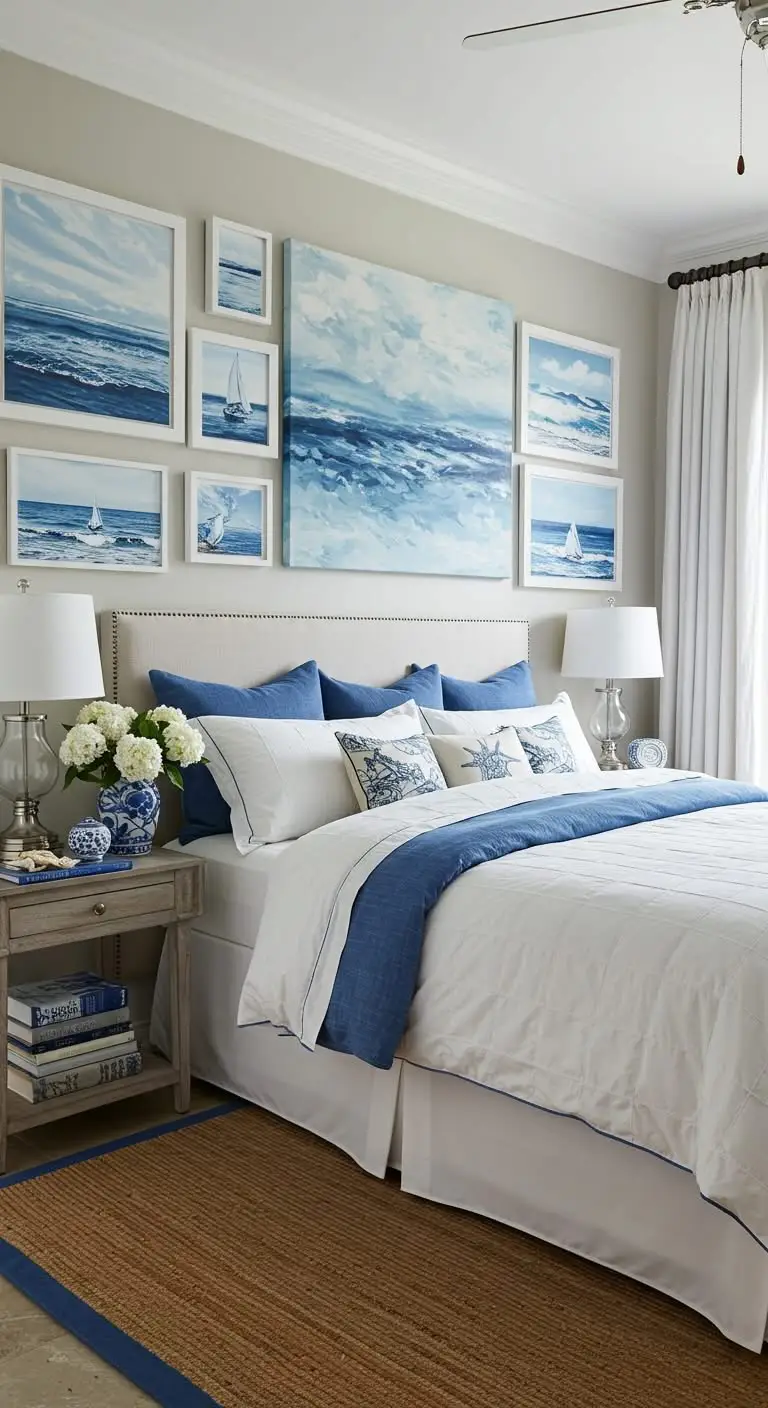 13 Elegant Blue and White Bedroom Ideas 10 8. Blue and White Wall Art