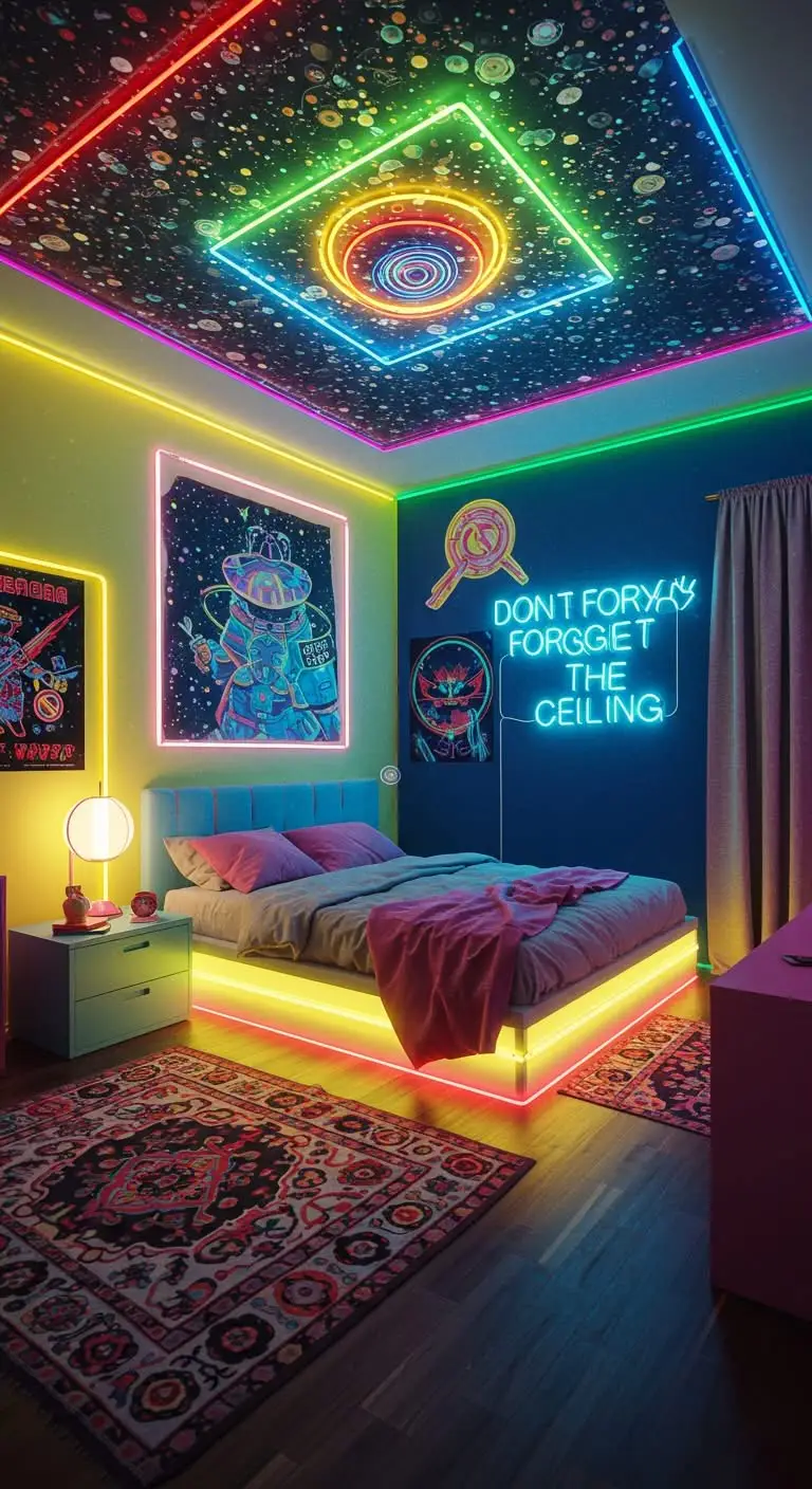 15 Trendy Neon Bedroom Ideas for a Bold Look 10 8. Don’t Forget the Ceiling