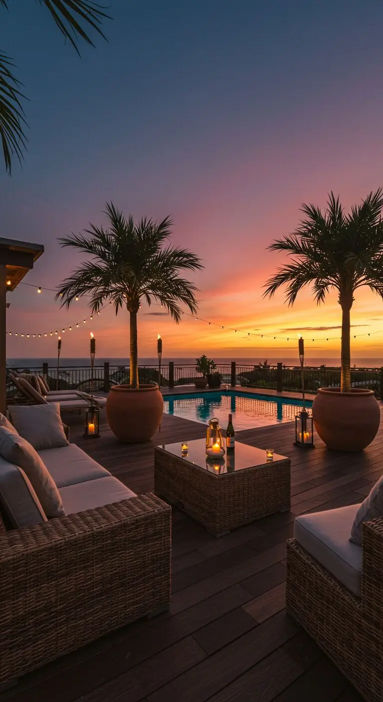 13 Inflatable Pool Deck Ideas to Upgrade Your Outdoor Fun 10 8. Go Tropical With Plants and Outdoor Decor
