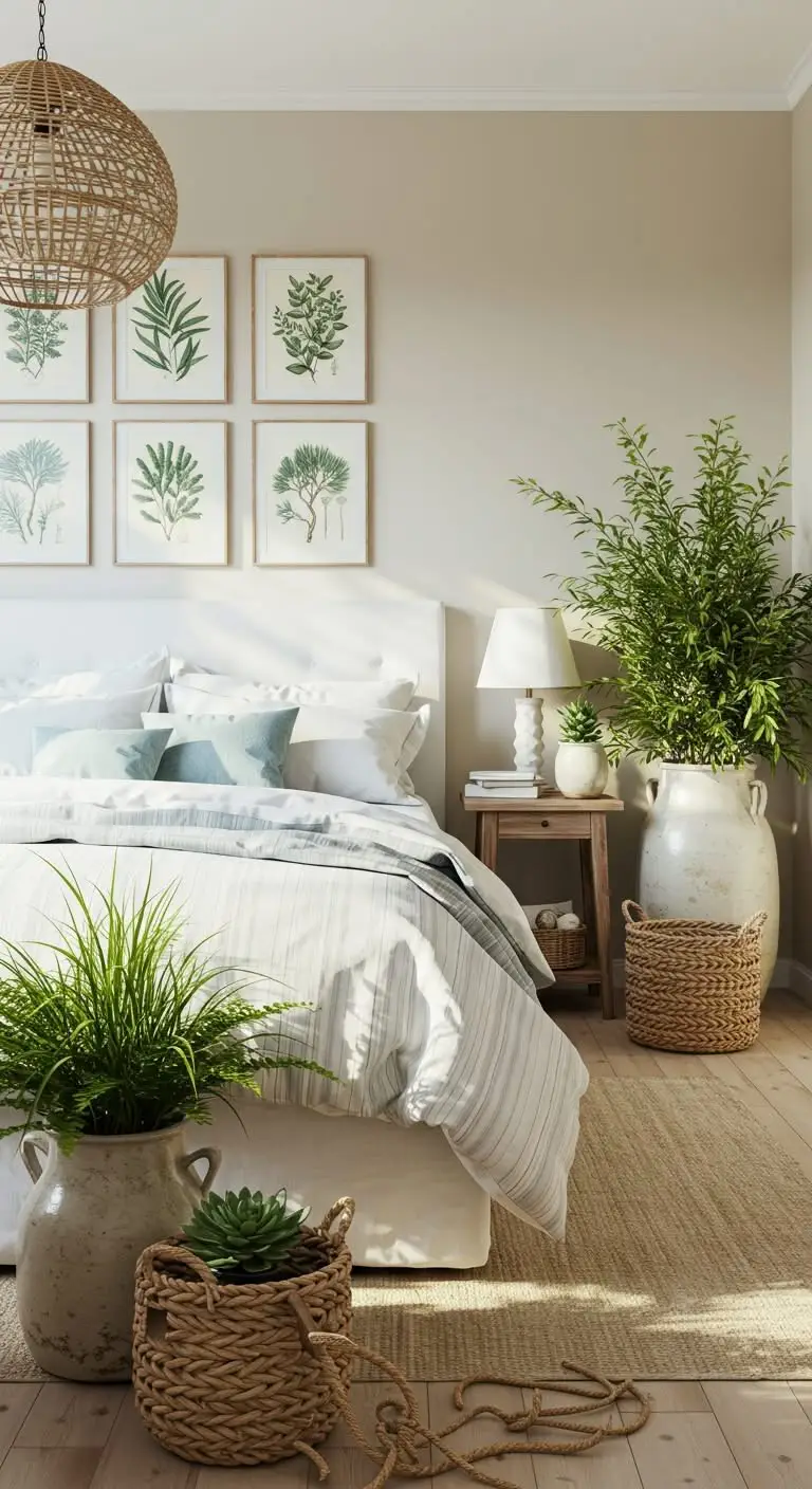 11 Beachy Bedroom Ideas for a Coastal Escape 10 8. Infuse Touches of Coastal Greenery