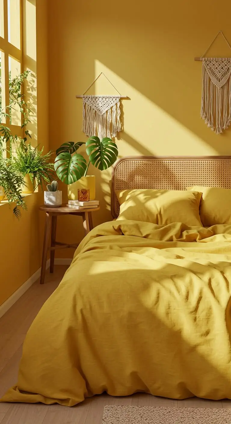 13 Bright and Cheerful Yellow Bedroom Ideas 10 8. Nature-Inspired Accents