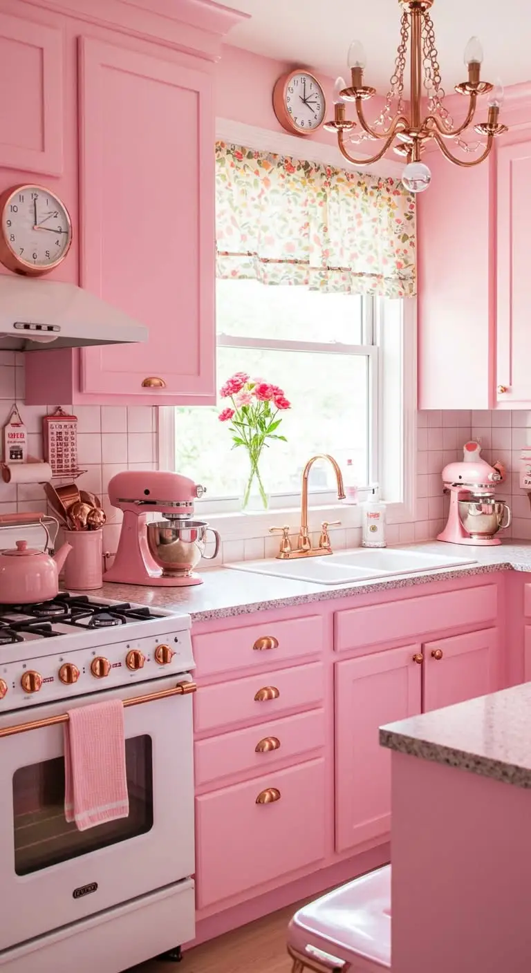 15 Retro Pink Kitchen Ideas for a Vintage Vibe 10 8. Rose Gold Meets Retro Pink