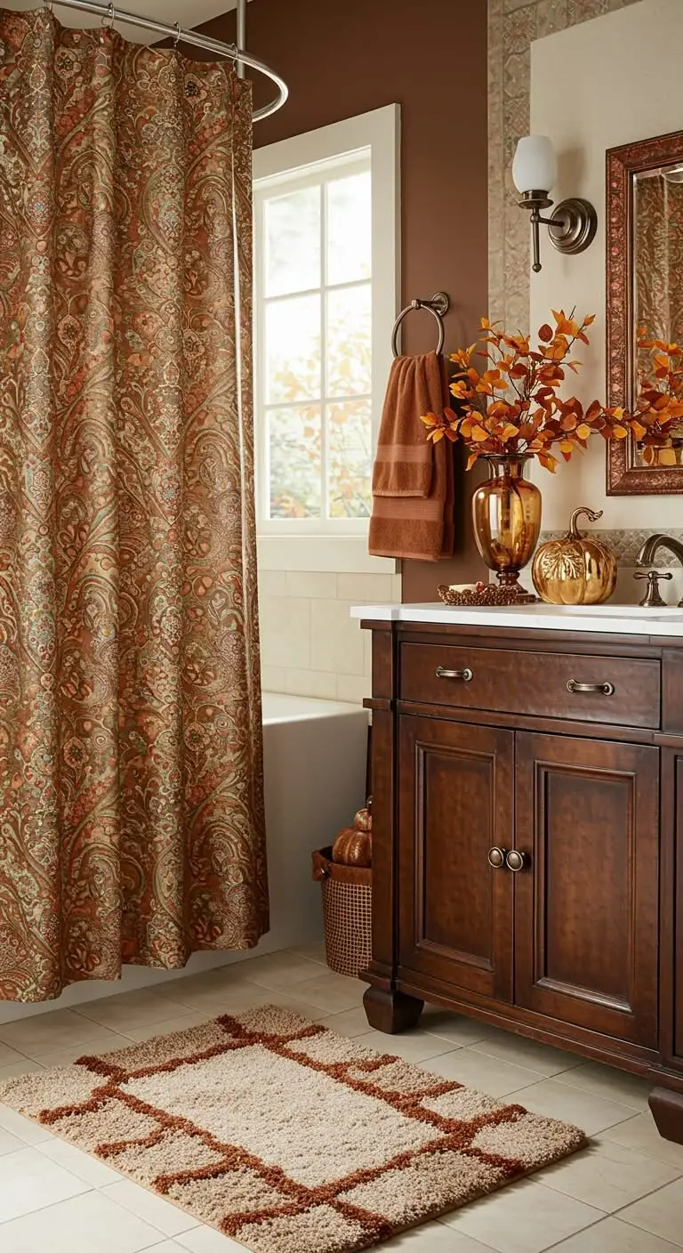 15 Cozy Fall Bathroom Decorating Ideas to Try 10 8. Use Metallic and Earthy Tones