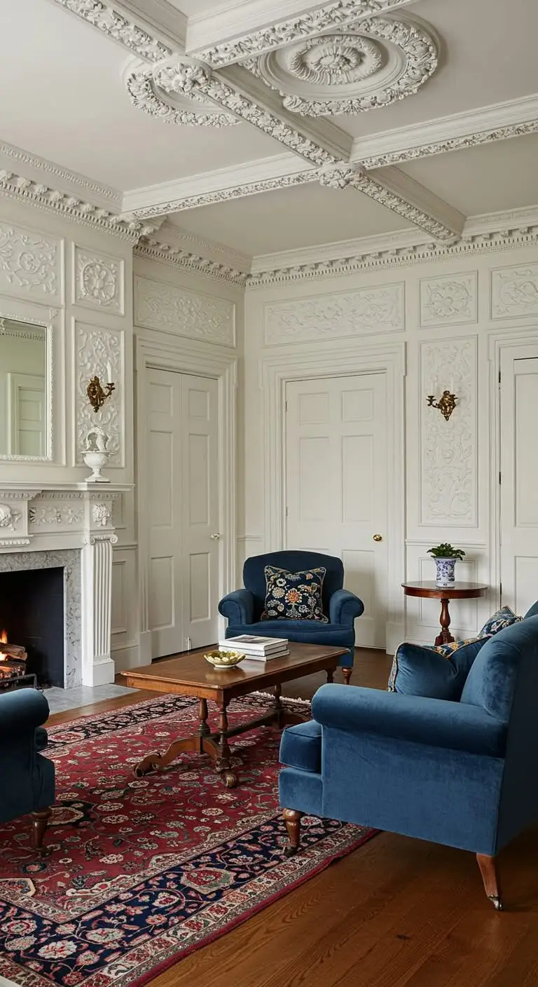 15 Timeless Colonial Living Room Inspirations 10 8. Wainscoting and Crown Molding