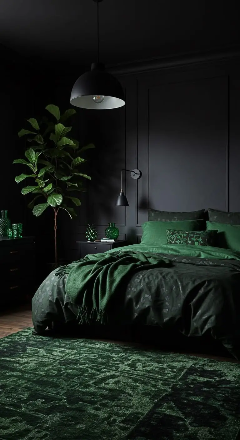 15 Bold and Stylish Black Bedroom Ideas 11 9. Add Green Elements