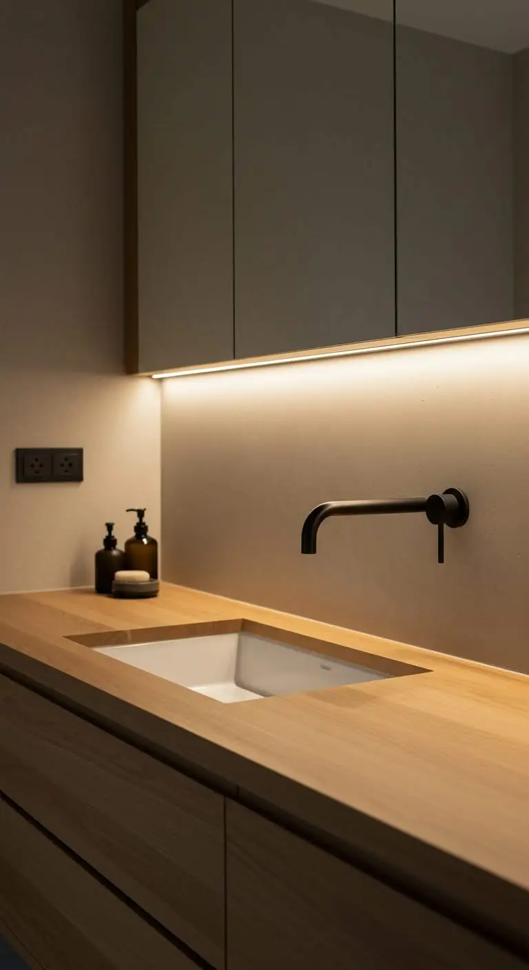 13 Minimalist Japandi Bathroom Vanity Ideas for a Zen Feel 11 9. Ambient Lighting for a Zen Glow
