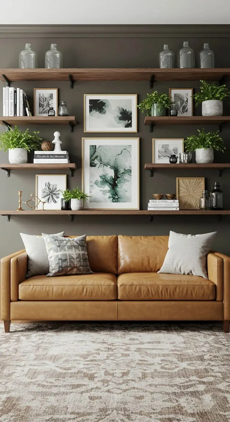17 Chic Tan Sofa Living Room Ideas for a Neutral Look 11 9. Incorporate Artful Shelf Styling
