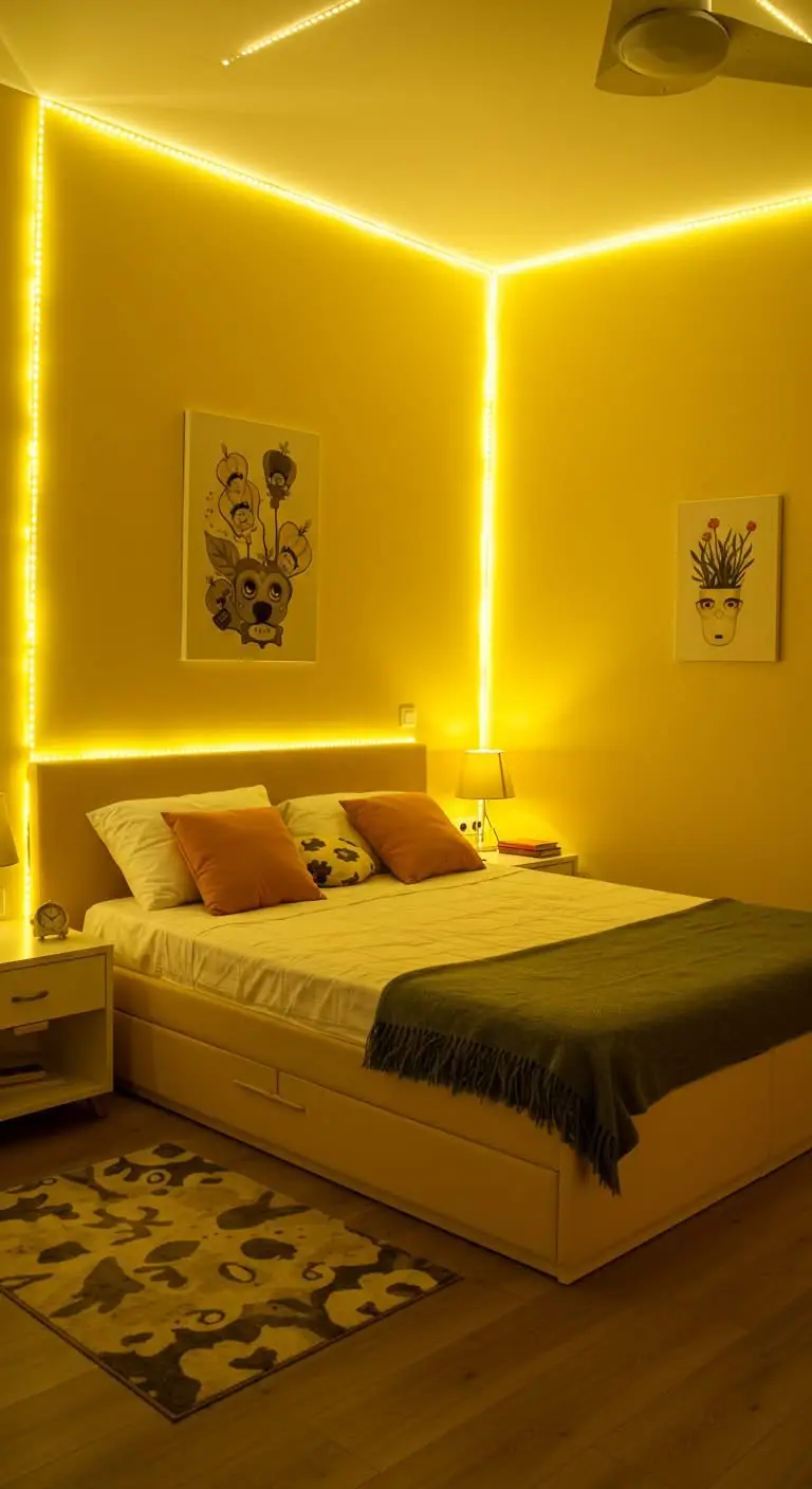 13 Bright and Cheerful Yellow Bedroom Ideas 11 9. Lighting That Glows