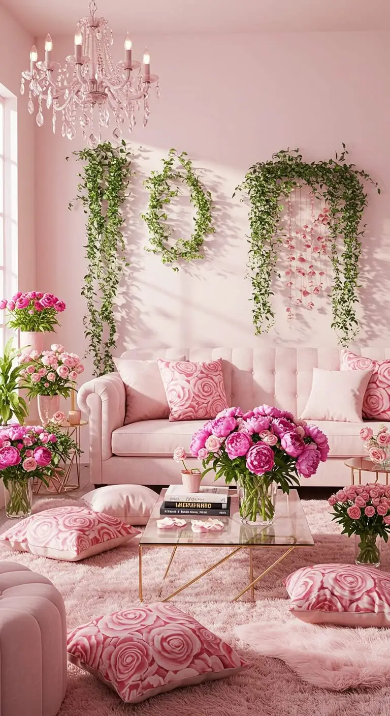 13 Chic Pink Living Room Decor Ideas 11 9. Pink Flowers and Greenery