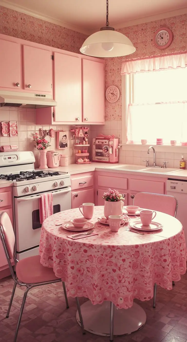 15 Retro Pink Kitchen Ideas for a Vintage Vibe 11 9. Pink Tableware and Linens