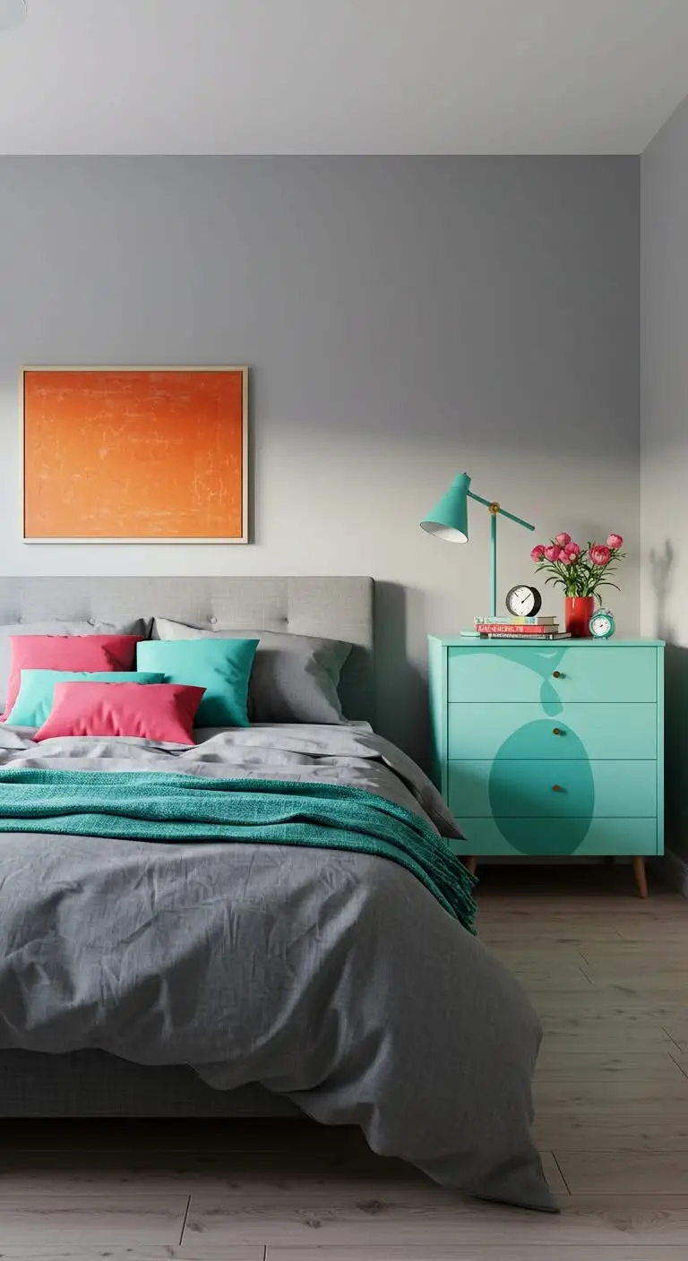 15 Stylish Gray Bedroom Ideas for a Chic and Calm Space 11 9. Pop of Colors