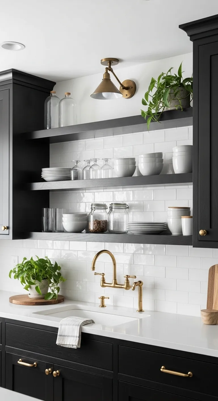 13 Kitchen Open Shelving Ideas for a Chic and Functional Look 11 Add Contrast with Dark Kitchen Open Shelving for a Bold Statement