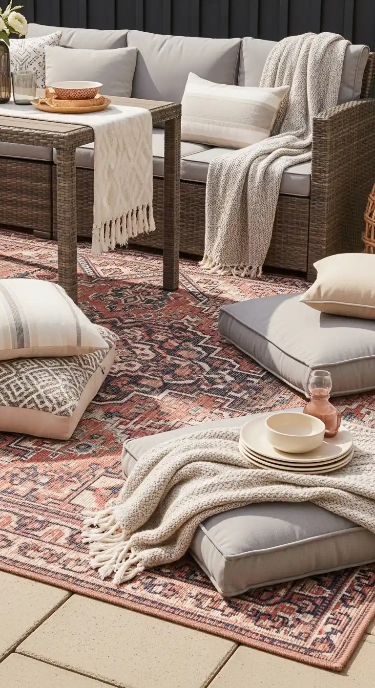 15 Easy Summer Backyard Prep Ideas for a Relaxing Season 14 Add Outdoor Rugs and Textiles