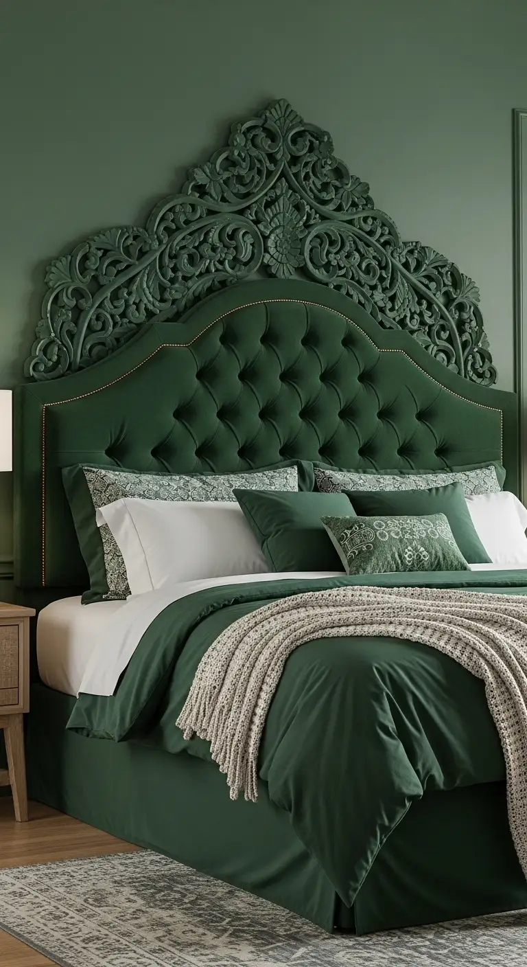 17 Green Boho Bedroom Ideas for a Refreshing Retreat 14 Add a Statement Green Headboard for Visual Impact
