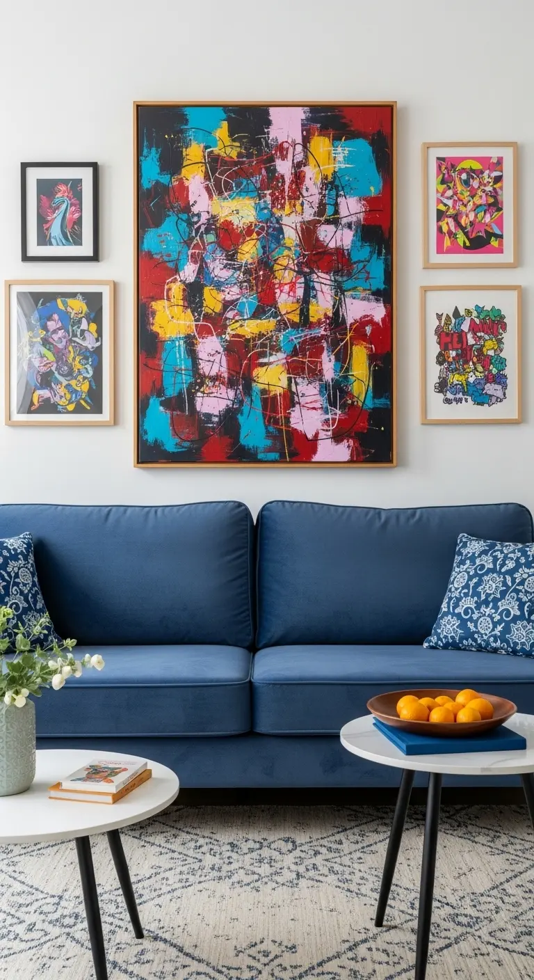 13 Stylish Blue Couch Living Room Ideas for a Pop of Color 12 Artistic Blue Couch Living Room with Statement Wall Art