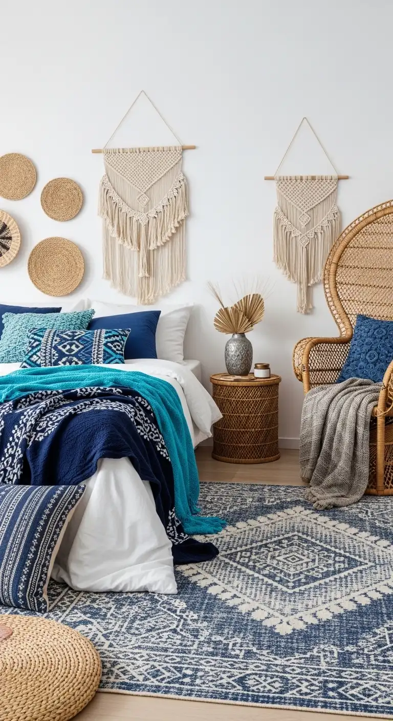 13 Elegant Blue and White Bedroom Ideas 13 Boho-Chic Blue and White