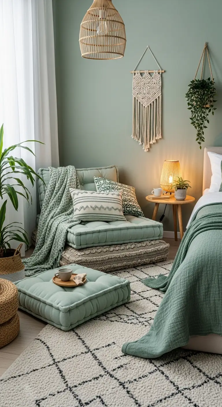 17 Green Boho Bedroom Ideas for a Refreshing Retreat 12 Create a Cozy Green Boho Bedroom Reading Nook