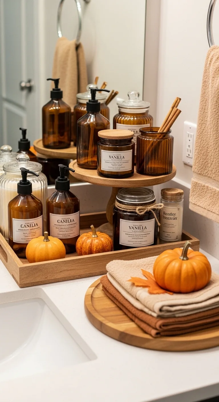 15 Cozy Fall Bathroom Decorating Ideas to Try 14 Display Seasonal Soap and Bathroom Essentials
