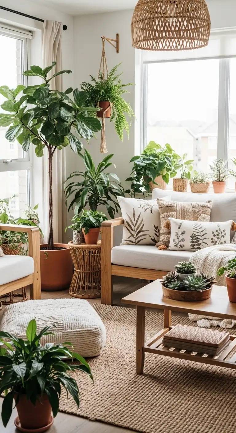 17 Chic Tan Sofa Living Room Ideas for a Neutral Look 13 Embrace Earthy Organic Style with Abundant Greenery