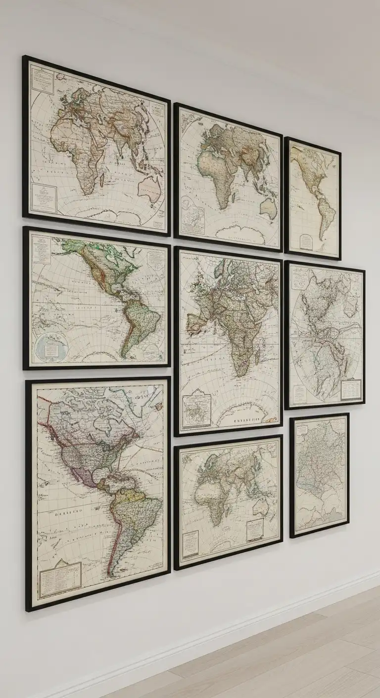 13 Creative Ways to Decorate with Vintage Maps 12 Framed Map Collage Wall