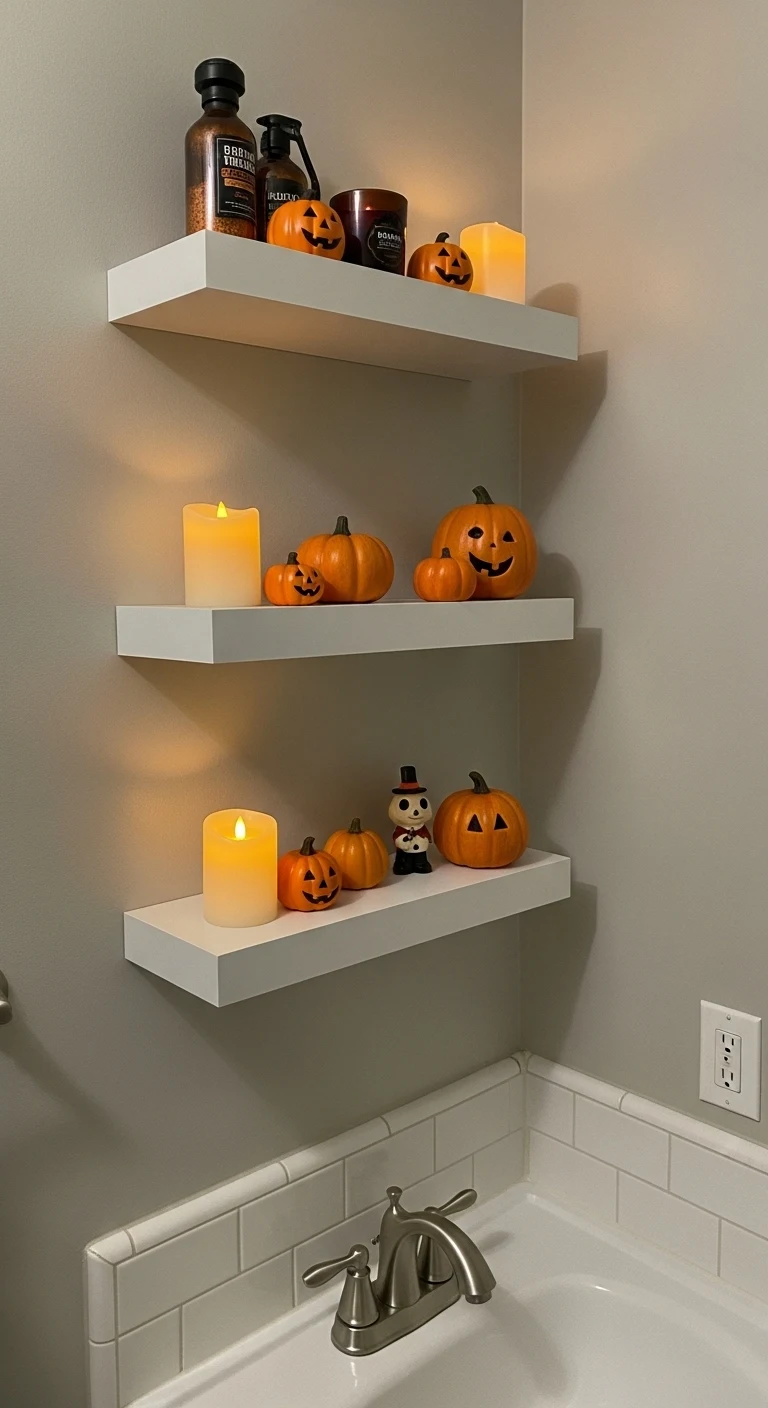 13 Spooky Halloween Bathroom Decor Ideas for a Festive Touch 15 Halloween Bathroom Decor with Floating Shelf Displays