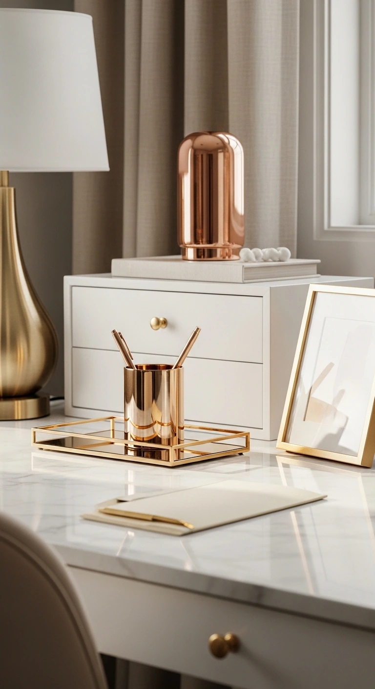 13 Feminine Home Office Ideas for a Chic Workspace 13 Incorporate Subtle Metallic Accents