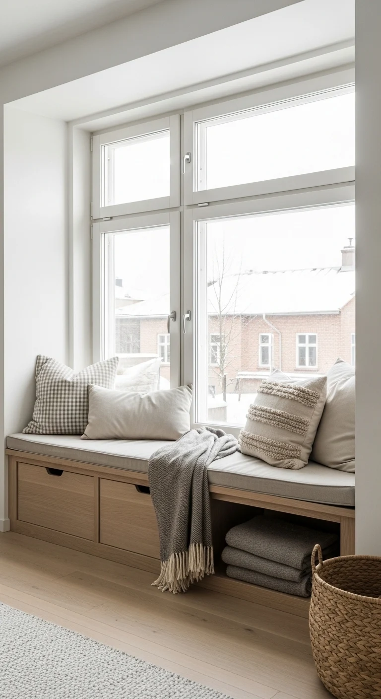 15 Minimalist Scandinavian Living Room Ideas to Try 14 Introduce Minimal Window Seating