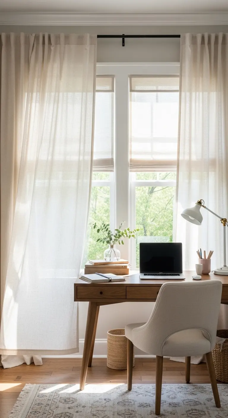 13 Feminine Home Office Ideas for a Chic Workspace 11 Introduce Soft Window Treatments