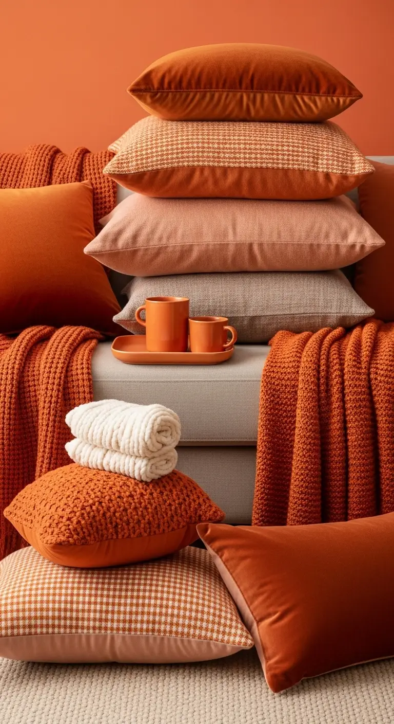 15 Bright and Stylish Orange Living Room Decor Ideas 15 Layer Orange Textiles for Warmth