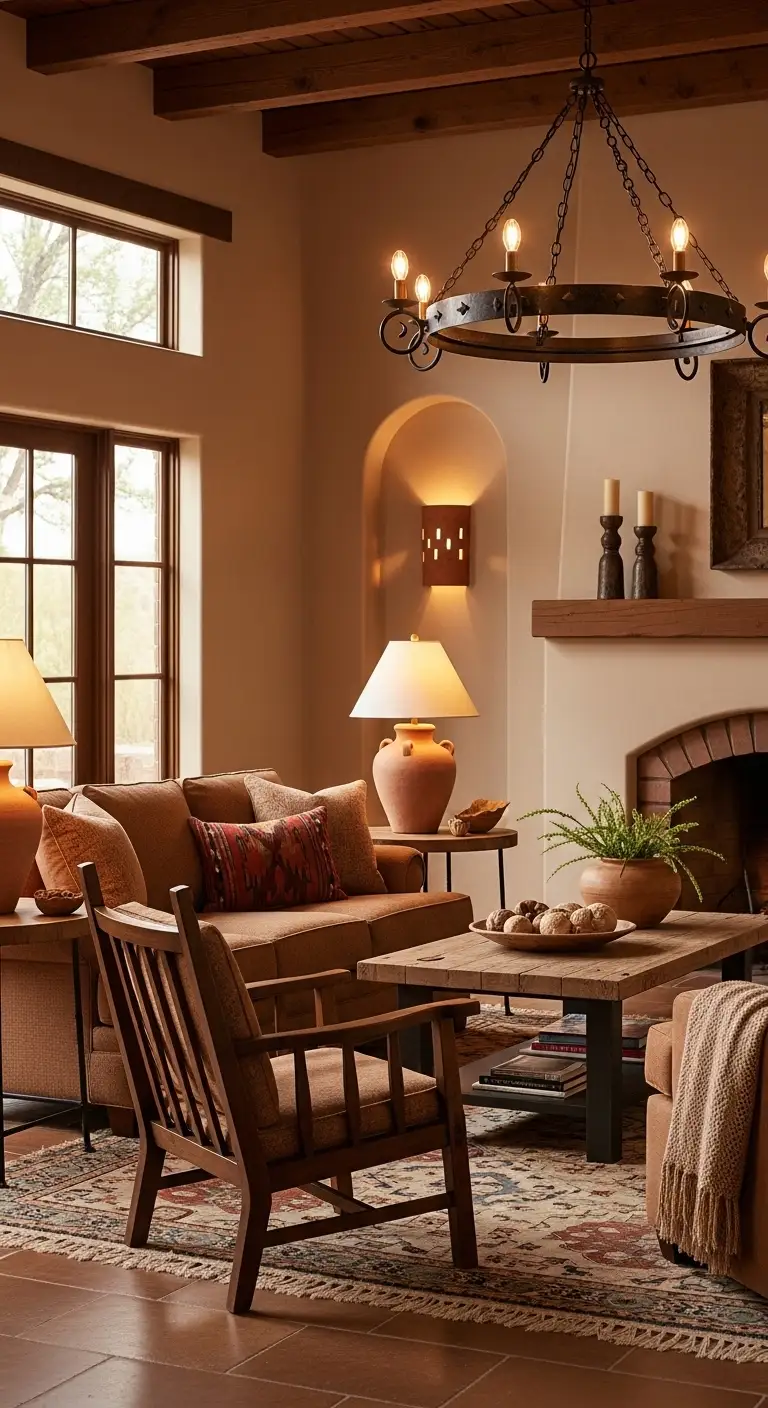 15 Warm and Rustic Southwestern Living Room Ideas 16 Layered Lighting for Ambience