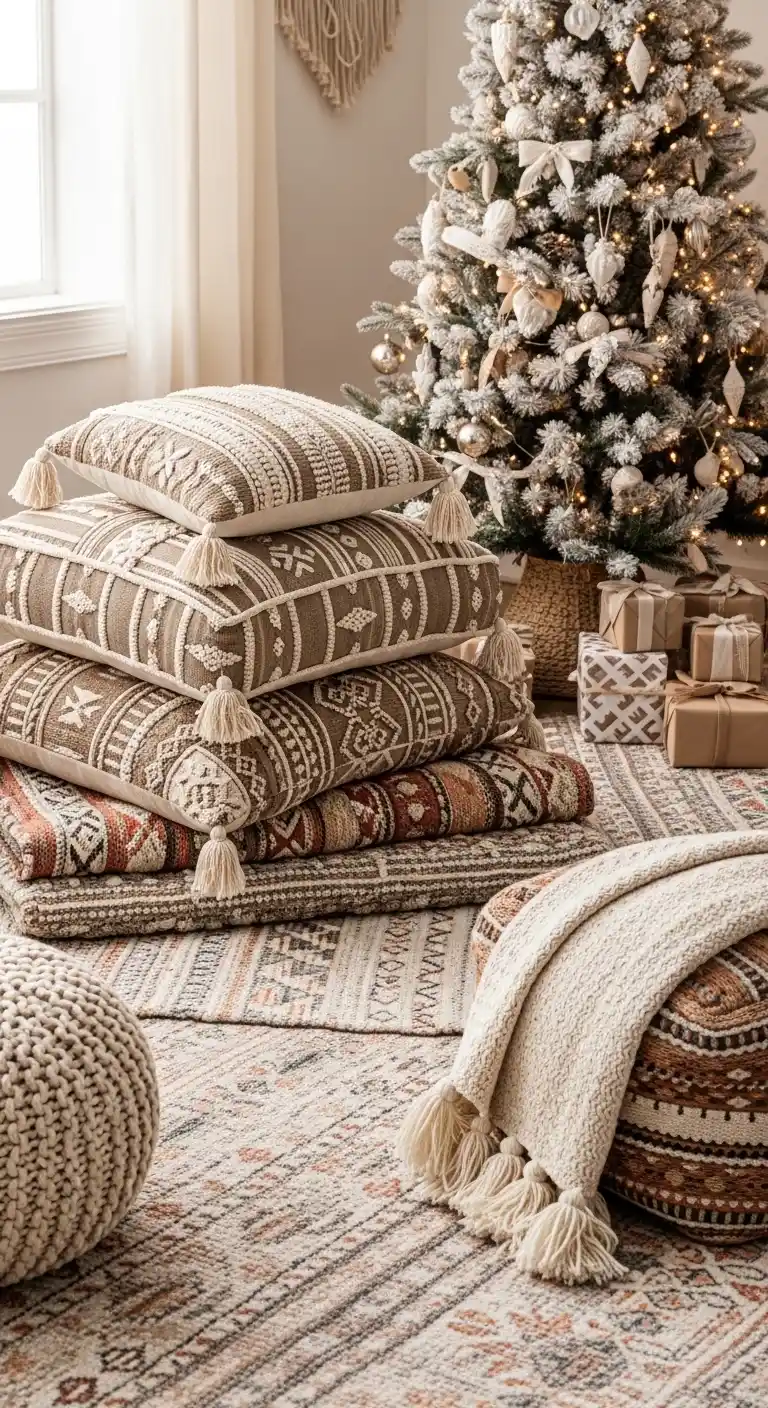 15 Festive Boho Ideas for Christmas Decorating 15 Layered Rugs and Floor Cushions