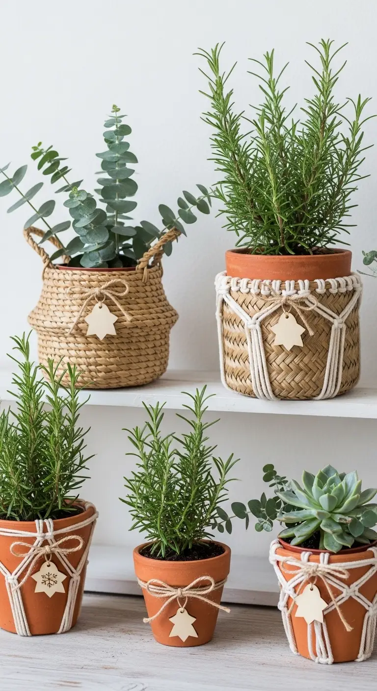 15 Festive Boho Ideas for Christmas Decorating 14 Mini Potted Plants as Table Decor