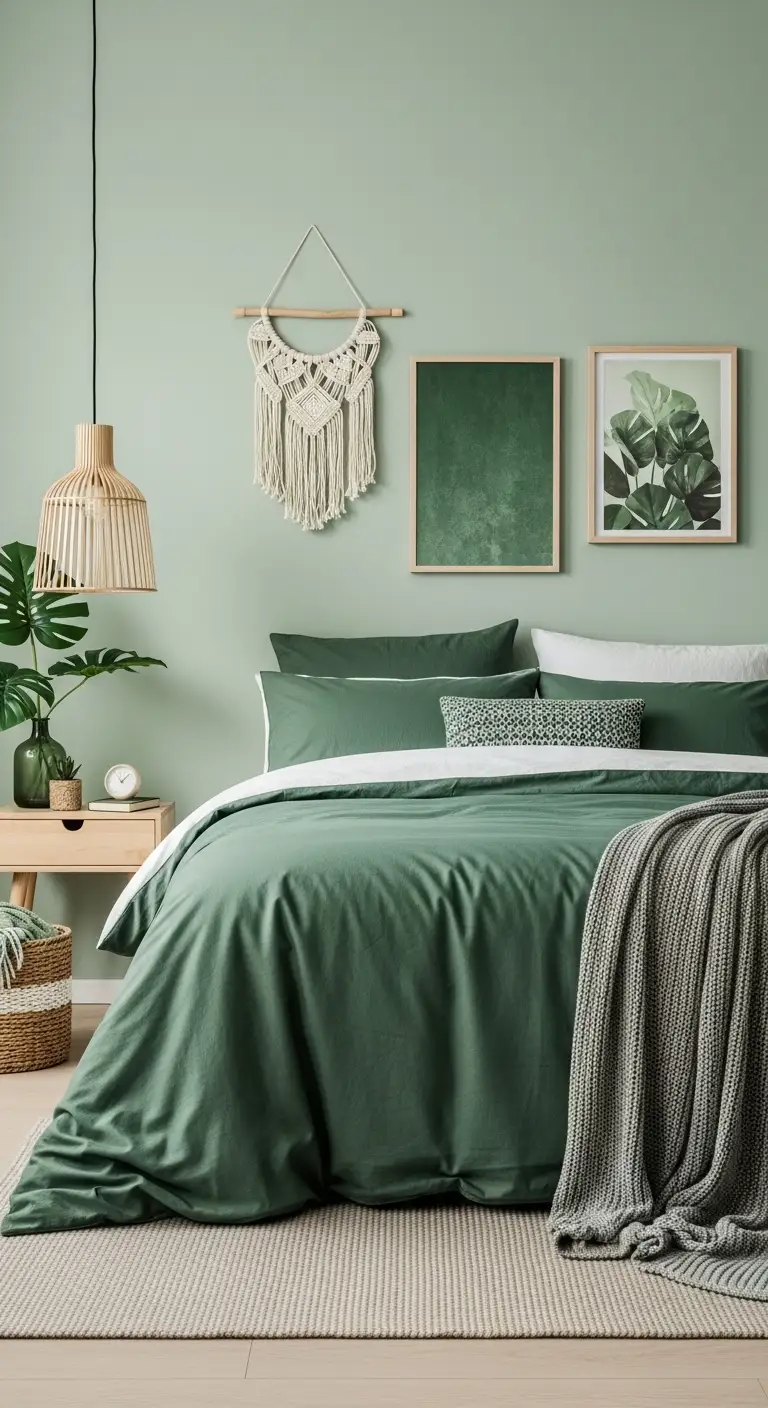 17 Green Boho Bedroom Ideas for a Refreshing Retreat 16 Mix Green Shades for a Layered Color Palette