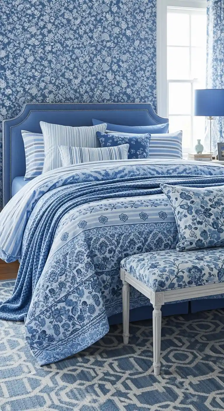 13 Stylish Blue Bedroom Ideas for a Serene Atmosphere 11 Mix Patterns for a Dynamic Blue Bedroom